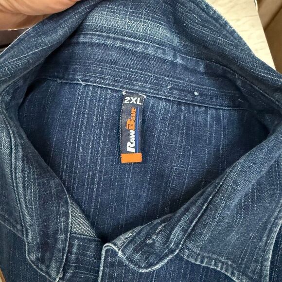 Raw Blue vintage denim short-sleeve button-up shirt with patches Y2K Size 2XL - Picture 3 of 10